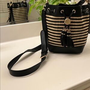 Anne Klein Black and Cream Straw-Style Bucket Crossbody Bag